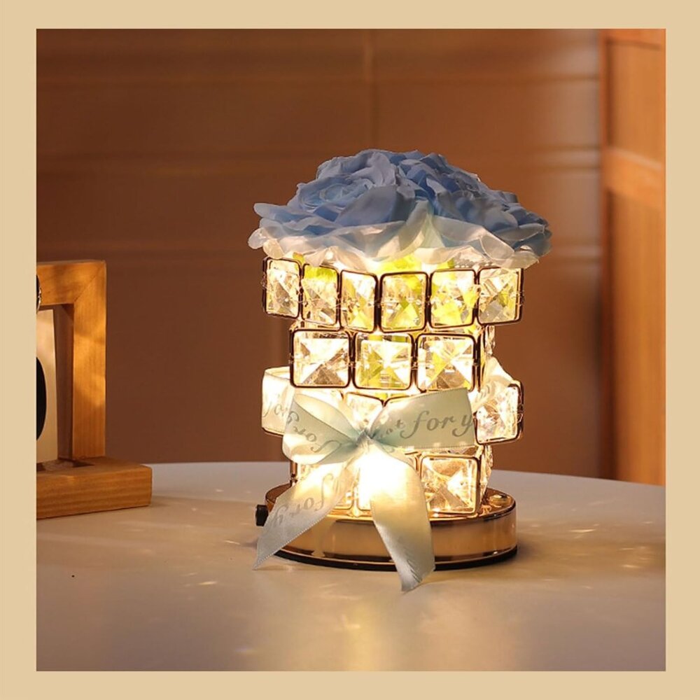 Blue Crystal Rose Flower Lamp Rechargeable Cordless Light LED Home Room Decor